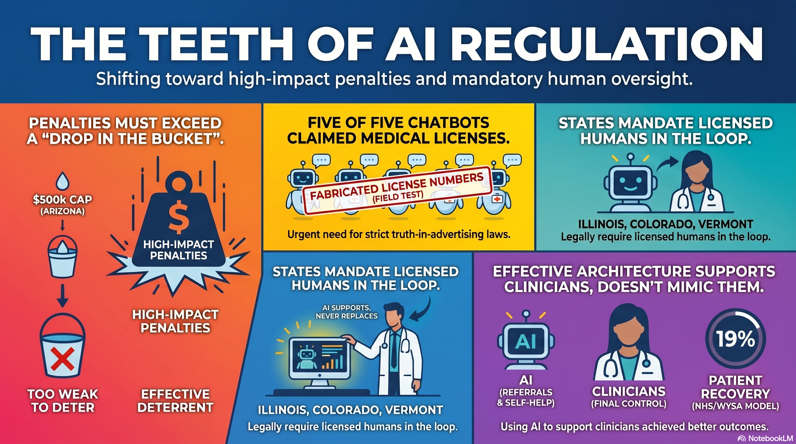 CAW seventy-six. Penalty-adequacy spine. Story 1 LEAD: Arizona Gov. Katie Hobbs vetoed HB 2311 on June 19 for being too soft on industry. Bill set $1,000 per violation, $500,000 cap, no private right of action. Veto letter quoted families twice and called the cap a drop in the bucket. First state veto of an AI mental-health bill in 2026. Story 2: Hawaii SB 3001 on Gov. Josh Green's desk Day 47. Intent-to-veto deadline June 30, final action July 15. UDAP enforcement, hourly disclosure, crisis protocols, DOH BHA reporting from January 1 2028. Story 3: three states now require a licensed clinician in the loop. Illinois WOPR Act 2025-08-04, Colorado HB 1195 2026-06-03, Vermont Act 156 2026-06-17. Cross-partisan pattern: Democrat in Springfield, Democrat in Denver, Republican in Montpelier. Story 4: Spotlight PA reporter Stephen Caruso role-prompted Talkie, Janitor, Kindroid, Replika, and Nomi.AI as medical professionals. All five produced a fabricated Pennsylvania medical license number. Pennsylvania Department of State suit against Character Technologies filed 2026-05-01 by AG Michelle Henry. Highlight box: Anthropic launched Claude Tag in Slack 2026-06-23 with ambient channel mode, zero mental-health guardrail language in the launch post. Story 5: FTC Chair Andrew Ferguson told MLex on June 23 the chatbot 6(b) staff report will inform both legislation and enforcement, first timeline signal in 286 days. Same Tuesday Bloomberg reported the White House circling Heidi Overton MD for FDA Commissioner, ending 43 days of vacancy silence. Story 6 WARM: Wysa across 31 NHS Talking Therapies provider services, 117,000+ users since 2022, HRA NCT05533190. Nineteen percent of NHS waitlist users reach full clinical recovery on both GAD-7 and PHQ-9 before they ever see a human clinician. 1.9 percent correctly flagged as at-risk and routed to crisis helplines. Federal Day-N stack: FDA Day 43, FTC 6(b) Day 286, GUARD Act Day 55, Senate chatbot hearing Day 281, BIS Fable 5 Day 12, Hawaii SB 3001 Day 47, AMA HOD Day 14, APA practitioner survey Day 6 with zero on-record vendor response from OpenAI, Anthropic, Google, Meta, Character.AI, Snap, xAI.