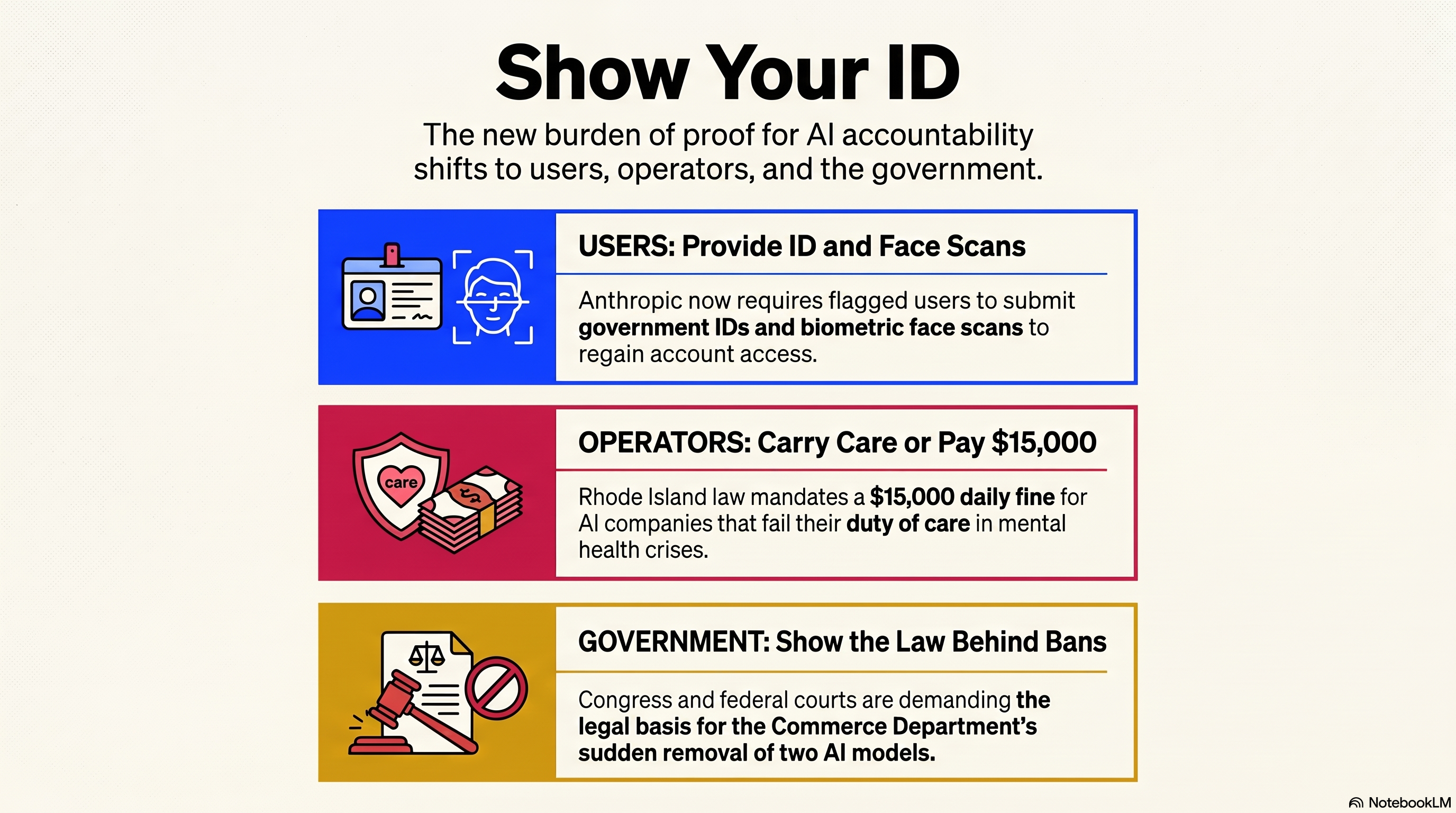Conversational AI Watch issue 78 infographic. The week's identity demands, pointed in three directions. Anthropic asks flagged users for a government ID and a face scan to get back in. Rhode Island puts a duty of care on chatbot operators with a fifteen thousand dollar a day penalty. Hawaii's governor has four days to act on SB 3001. Congress and a customer in federal court ask Commerce for the legal basis of the Fable 5 directive.