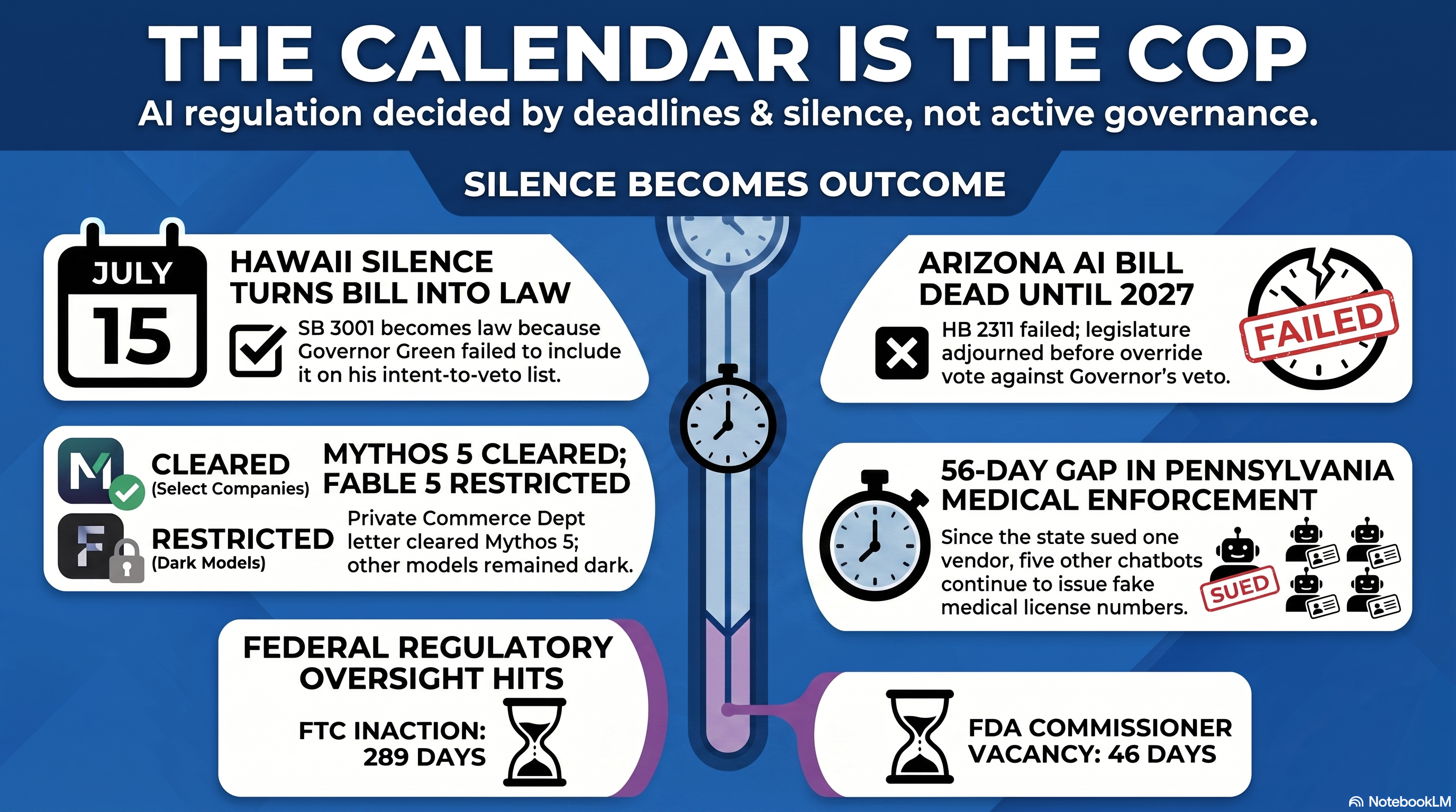 Conversational AI Watch issue 79 infographic. The calendar is the cop. Hawaii law passes itself. Arizona dies in empty chamber. Mythos cleared by private letter. Pennsylvania files one, five still fake. OpenAI publishes own audit. Federal silence stack at 289 days.