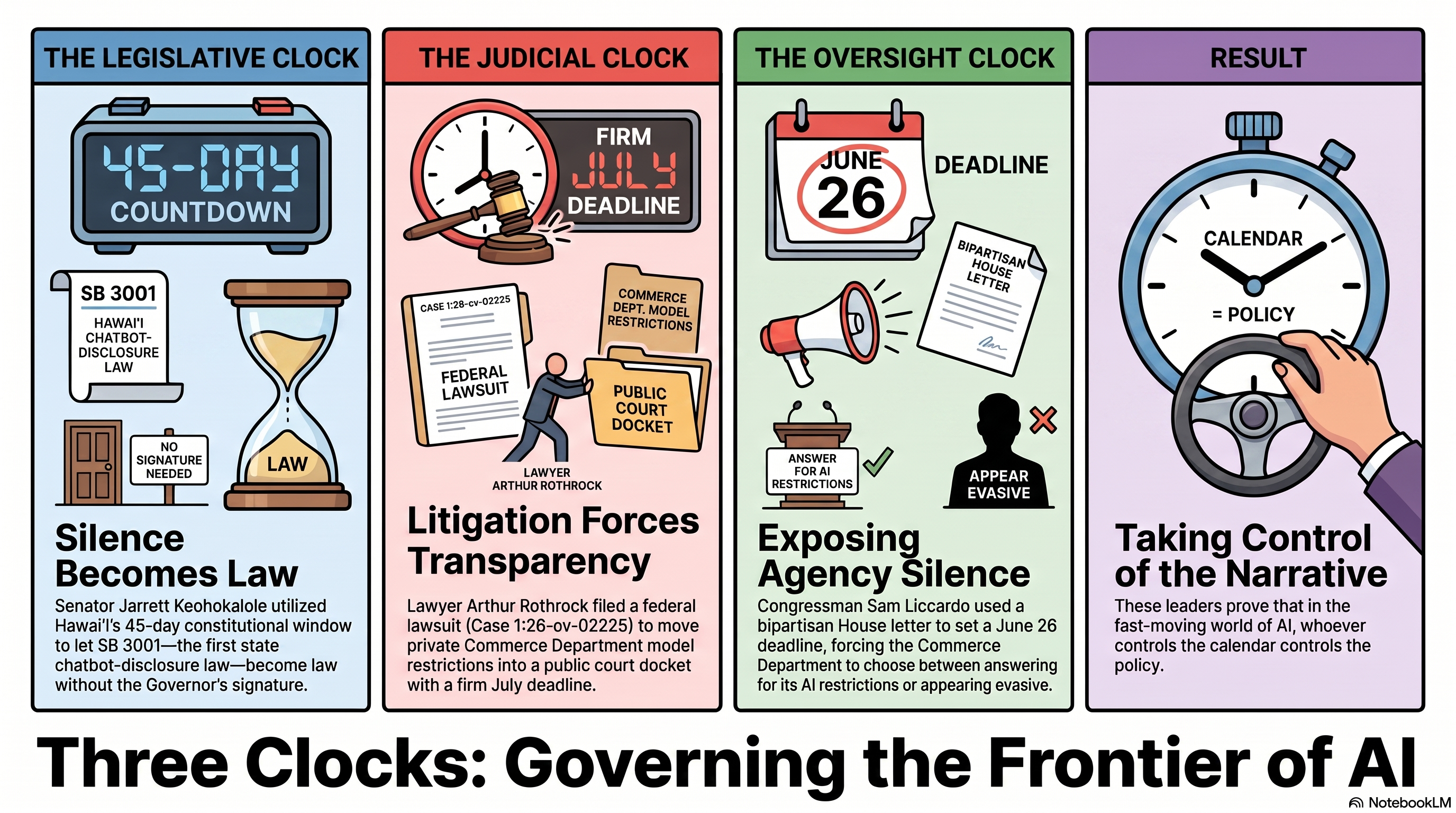 Three portraits under the headline Three Clocks, Three Champions. Hawai'i State Senator Jarrett Keohokalole, the state legislative clock. Legion LegalTech CEO Arthur Rothrock, the federal judicial clock. Representative Sam Liccardo, the congressional oversight clock.