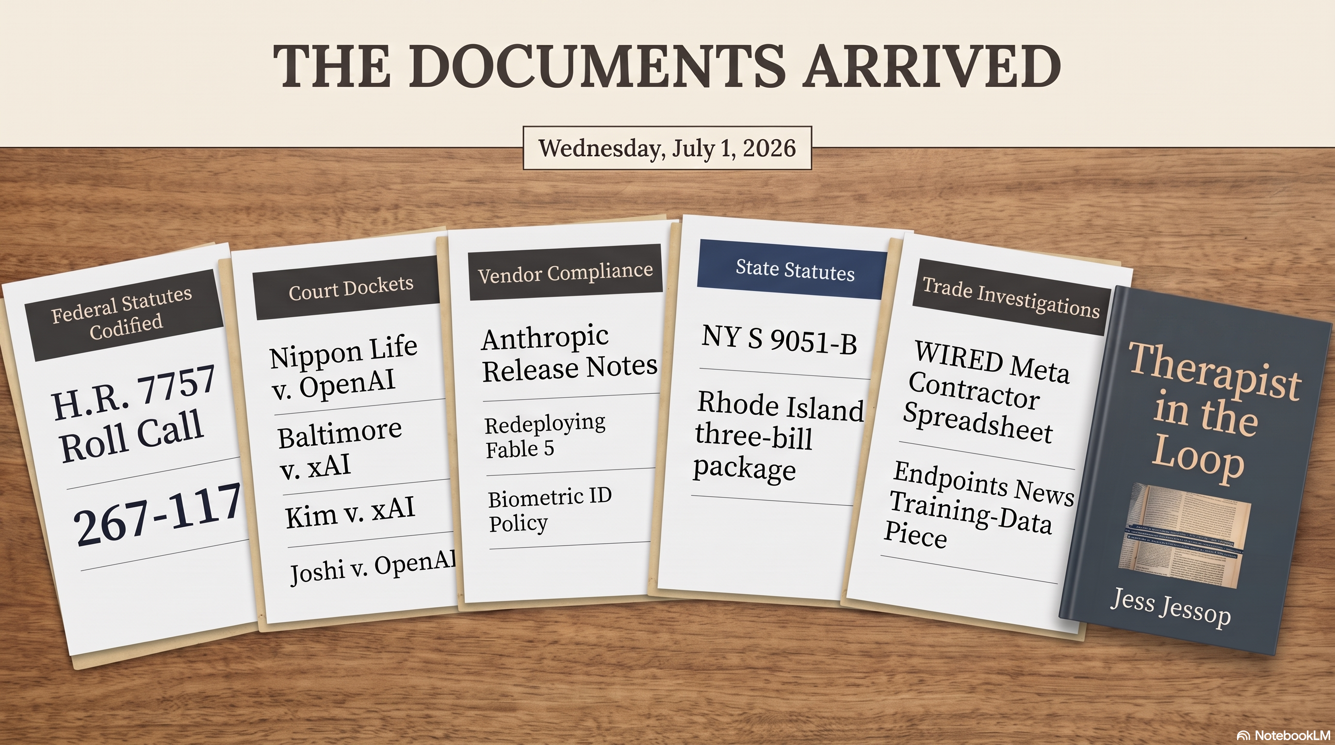 Seven labeled documents fanned out on a table. Federal chamber roll call (267-117). Vendor contractor spreadsheet (3,748 rows). State statute signatures. Court dockets. Trade press investigation. Vendor release notes. Book cover. Center caption reads THE DOCUMENTS ARRIVED.