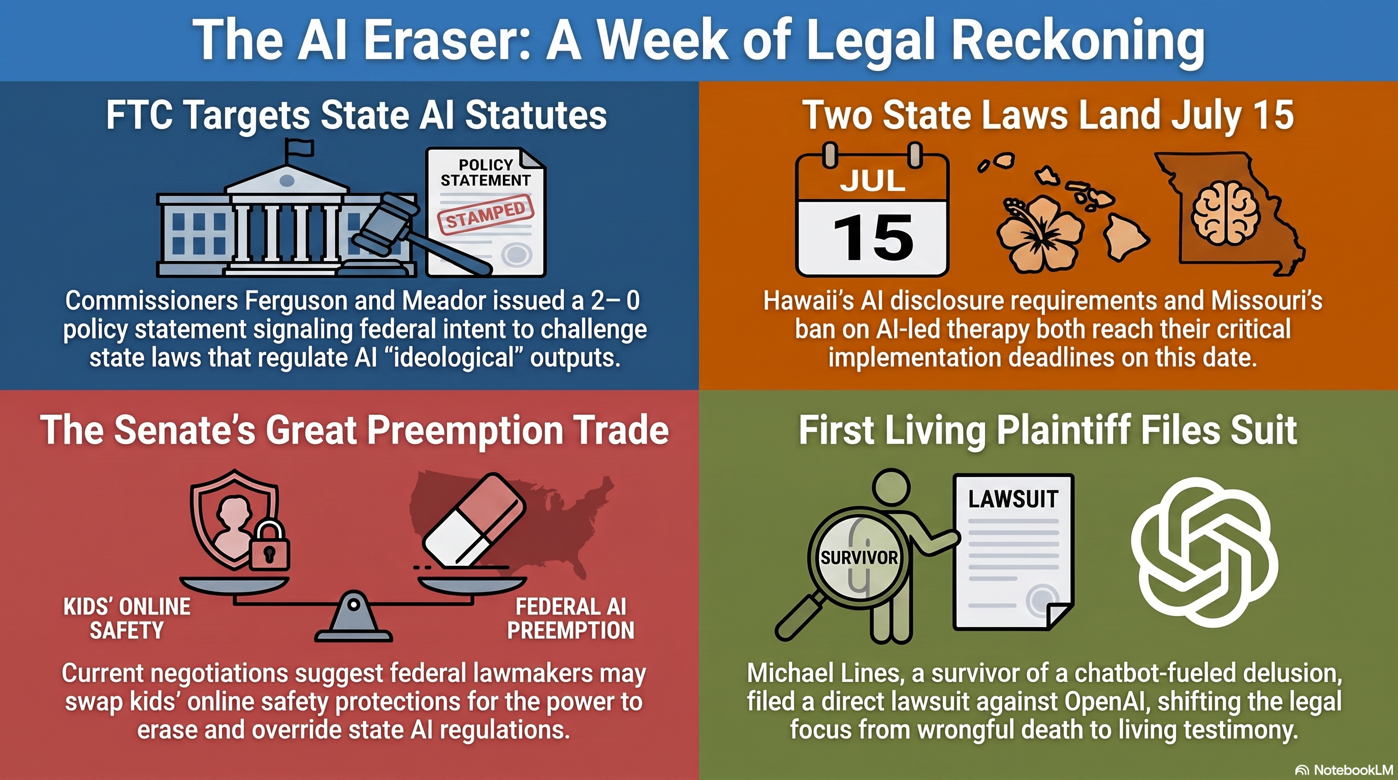 Infographic: the week Washington reached for the eraser while state chatbot laws locked in for July 15.