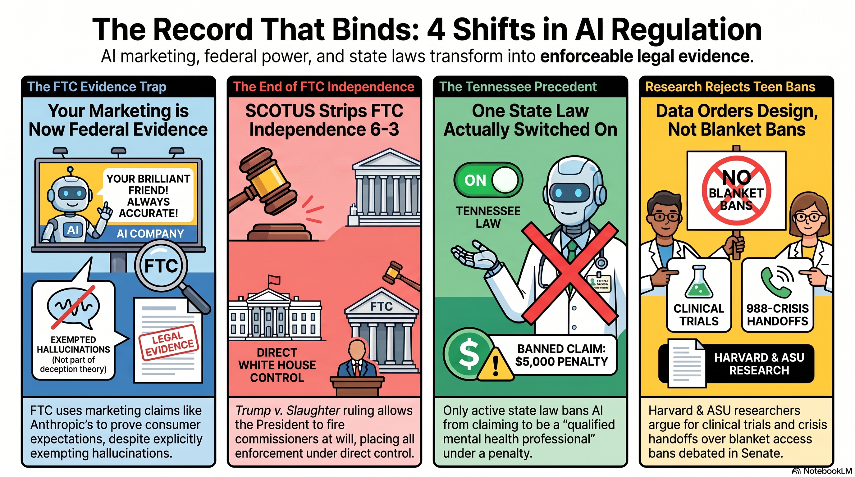 Infographic: the FTC statement footnotes quoting industry marketing, the Supreme Court ruling, Tennessee's law switching on, and the week's chatbot safety record.