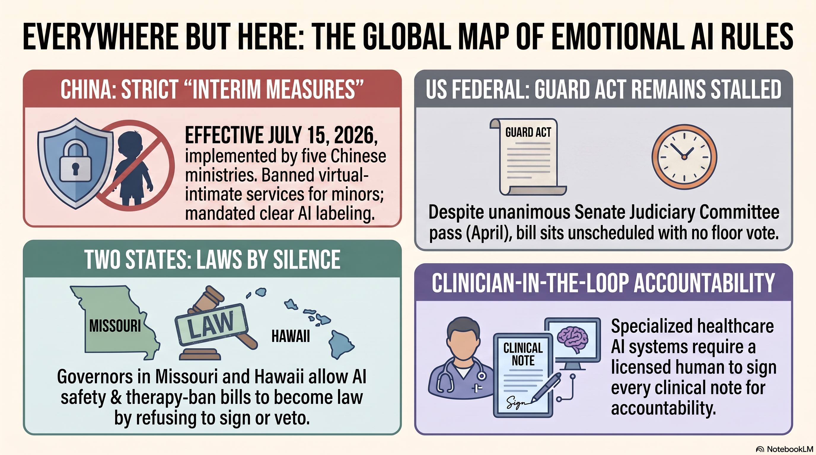 Infographic titled Everywhere But Here. Panels showing where the rules for emotional AI were written this week: China's five-agency Interim Measures effective July 15; the European Union's transparency clock set for August; two United States state laws taking effect by gubernatorial silence; and the United States Congress on recess with a unanimous chatbot-safety bill unscheduled. A final panel notes the labs studying model welfare while a clinician-in-loop deployment keeps a human signature on every clinical note.