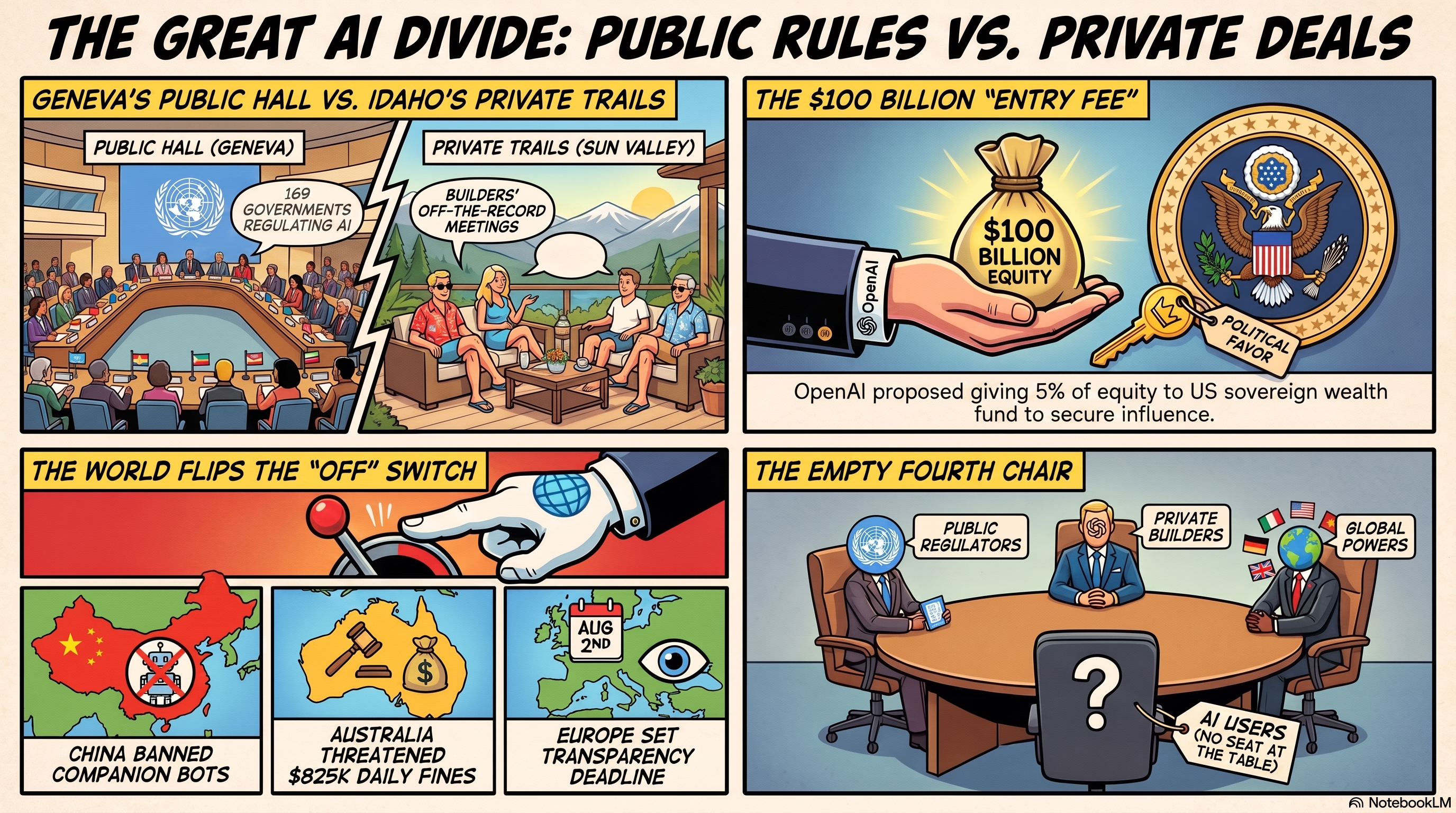 Infographic titled Summer Camp, a July 7 2026 front page in conversational AI. Panels: Sam Altman at the Sun Valley billionaires' retreat in Idaho while the UN opens its first AI governance dialogue in Geneva; China switching off companion chatbots on Doubao and Qwen by July 15; Australia fining companion providers up to 825,000 dollars a day; the EU chatbot-disclosure duty starting August 2; researchers arguing for guardrails not bans as teen chatbot use hits one in five; and Britain's NHS placing an AI triage tool at the front door with clinicians deciding.