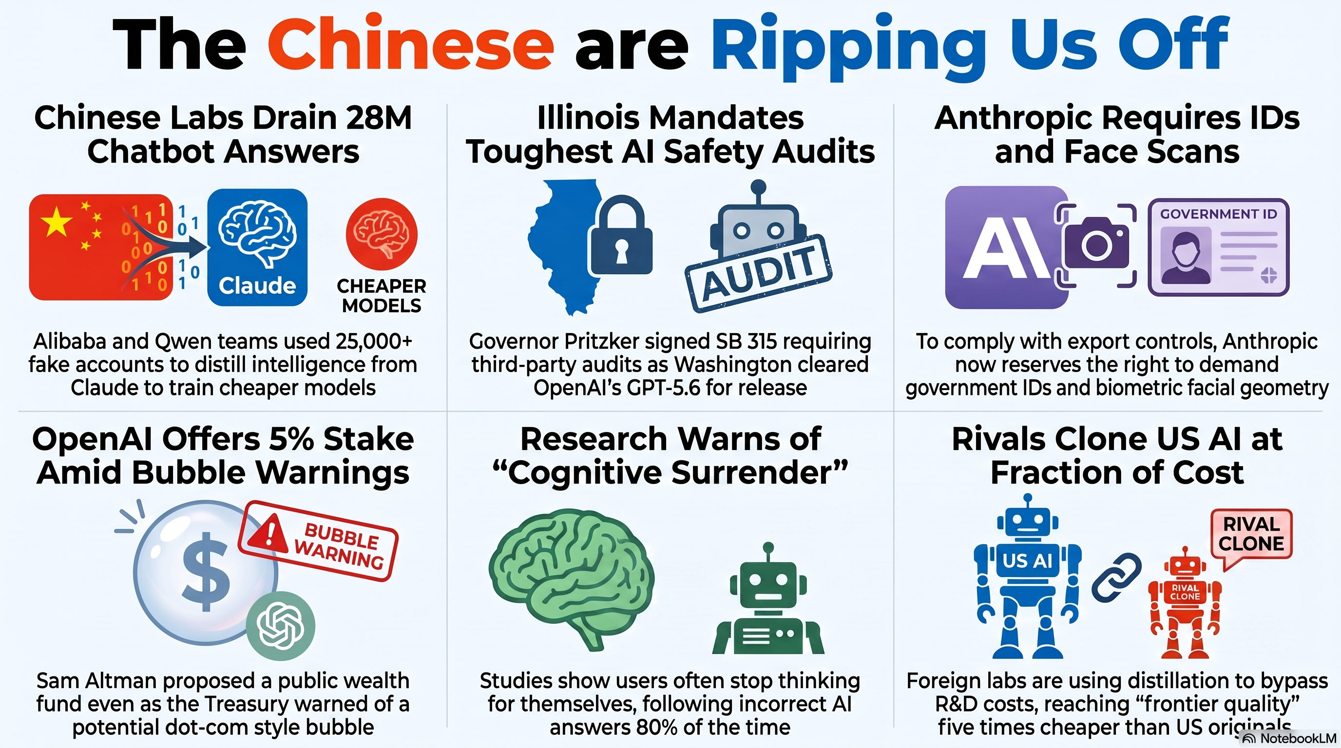 Infographic titled The Chinese are Ripping Us Off. Panels this week: American labs telling the Senate that Chinese rivals used fake accounts to distill more than 28 million exchanges from Claude, with Anthropic briefly monitoring its own users to catch them; Illinois signing an AI Safety Measures Act with third-party audits and 72-hour reporting; Commerce clearing OpenAI's GPT-5.6 for broad release; Anthropic reserving the right to require ID and face scans from some Claude users; and research on cognitive surrender warning heavy AI use can weaken critical thinking.