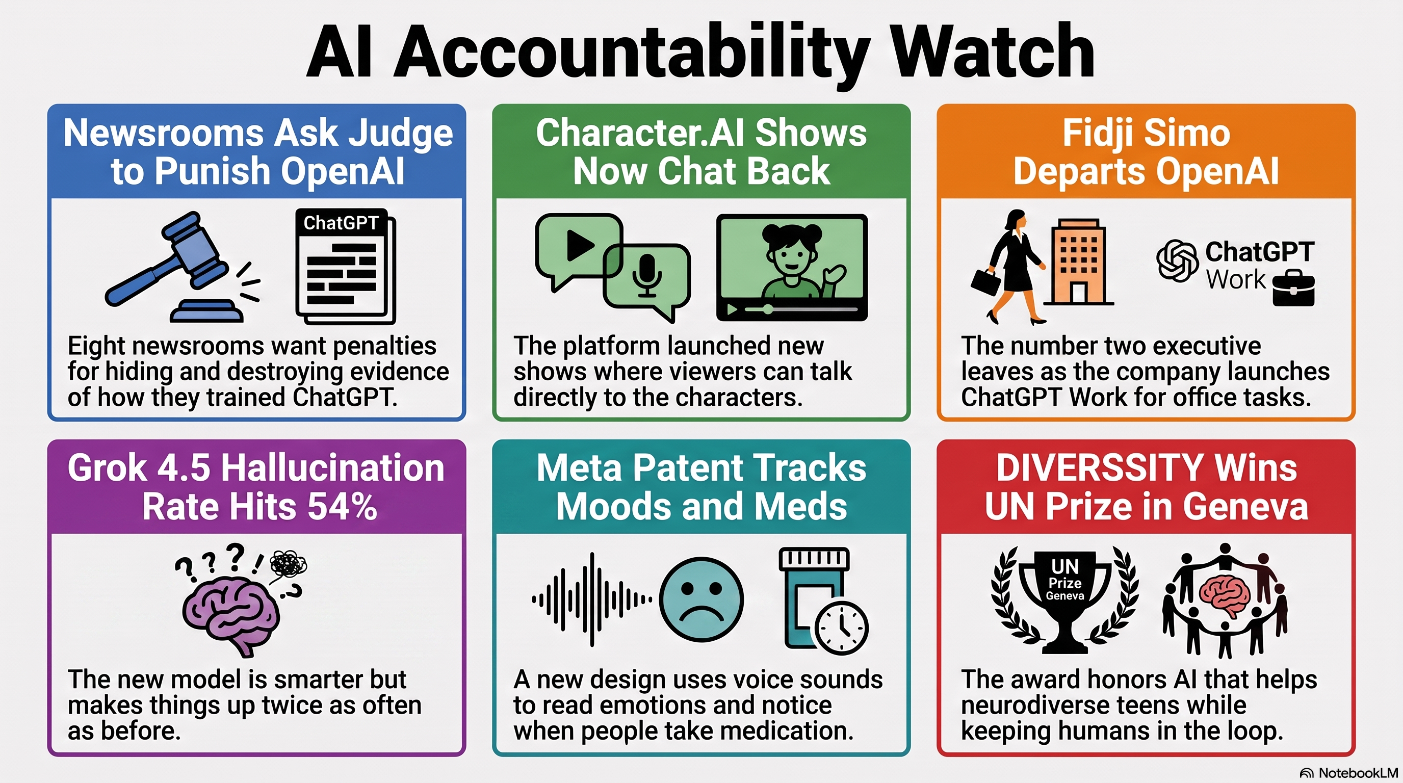Infographic titled AI Accountability Watch, a July 10 2026 conversational AI front page. Panels: eight newsrooms asking a federal judge to sanction OpenAI over hidden and destroyed training evidence; Character.AI microdramas whose characters talk back; OpenAI losing its No. 2 executive as ChatGPT Work launches; Grok 4.5 accuracy up and hallucination rate doubled to 54 percent; a Meta patent for a wearable that reads emotions and medication timing from voice; and DIVERSSITY, Swiss winner of the UN AI for Good prize for neurodiverse adolescent mental health with humans in the loop.