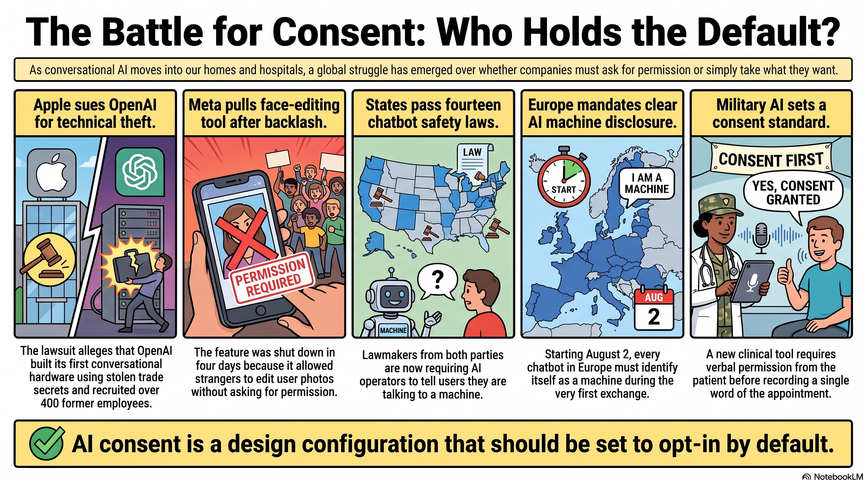Infographic: the consent scoreboard of July 11, 2026, from Apple v. OpenAI to the military ask-first clinical AI rollout